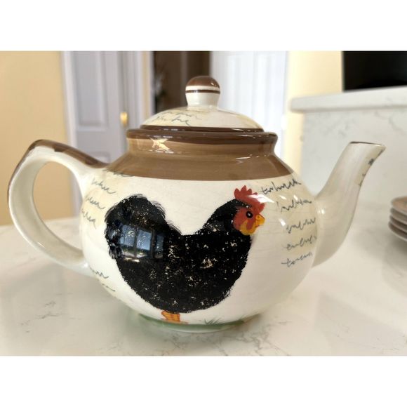Henriette London Pottery Porcelain Rooster teapot and set of 4 plates - Picture 9 of 15